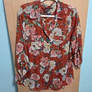 Sara Michelle Sz L Floral Button Down Blouse Rust Sheer Metallic Stripe Camisole